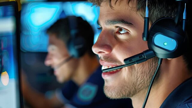 Focused Gaming: A gamer engrossed in a gaming session, eyes glued to the screen, face illuminated by the glow, communication through the headset and teamwork in the virtual arena.