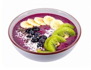 Acai Bowl Isolated on White Background — Healthy Superfood Smoothie Bowl with Fresh Fruits