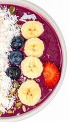 Acai Bowl Isolated on White Background — Healthy Superfood Smoothie Bowl with Fresh Fruits