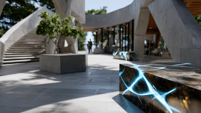 An elegant depiction of abstract illuminated blocks that incorporate brilliant electric blue lines under the sun, creating an engaging interplay of light and shadow in a lush environment.