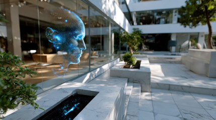 An innovative display of a human face appears within a sleek courtyard, capturing the synergy between nature and technology in urban design settings.