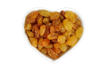 Yellow Raisins in ceramic bowl isolated on white background. Top view. Flat lay