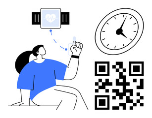 Woman checking health data from fitness tracker, pointing to QR code with clock in view. Ideal for technology, healthcare, time management, modern living, data tracking, fitness, simple flat metaphor