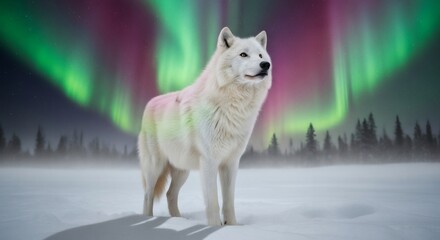 Majestic White Arctic Wolf Under Vibrant Northern Lights Aurora Borealis in Snowy Tundra