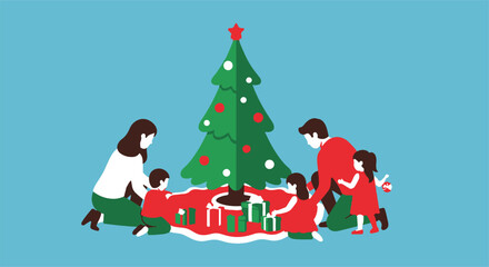 Cherished Holiday Tradition A Loving Family Engaged in Festive Tree Decoration and Gift Giving