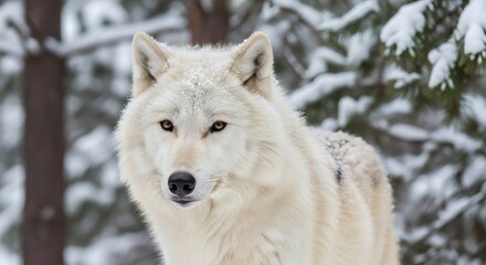 Alert White Arctic Wolf Portrait Standing in Snowy Forest During Winter