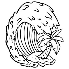 Ocean waves with coconut tree sticker design element