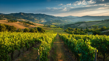 Fototapeta premium Picturesque Vineyard Landscape: Organic Wine Fields at Sunset in a Peaceful Rural Countryside
