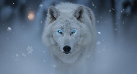 Mystical White Wolf with Glowing Blue Eyes in Heavy Snowfall Close-Up Portrait