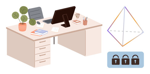 Office desk with computer, books, and plant, accompanied by abstract geometric shape and security lock icons. Ideal for productivity, data security, organization, remote work, workplace efficiency