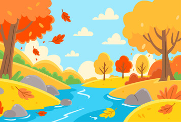 Autumn River Valley with Colorful Trees &ndash; Vector Illustration	