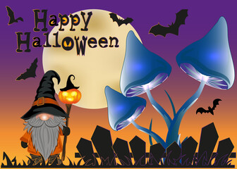 Cute Halloween gnome with pumpkin lantern, full moon and Happy Halloween text