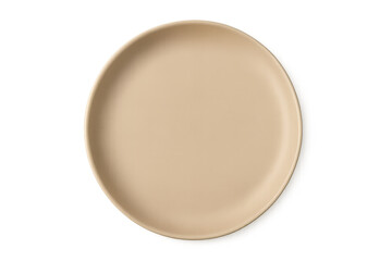 Round beige ceramic dinner plate empty, view from top, isolated tableware, transparent background