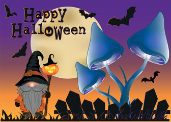 Cute Halloween gnome with pumpkin lantern, full moon and Happy Halloween text
