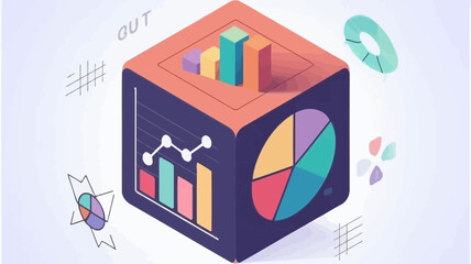 Obraz premium Isometric cube displaying various data visualizations including bar charts pie charts and line graphs for analysis