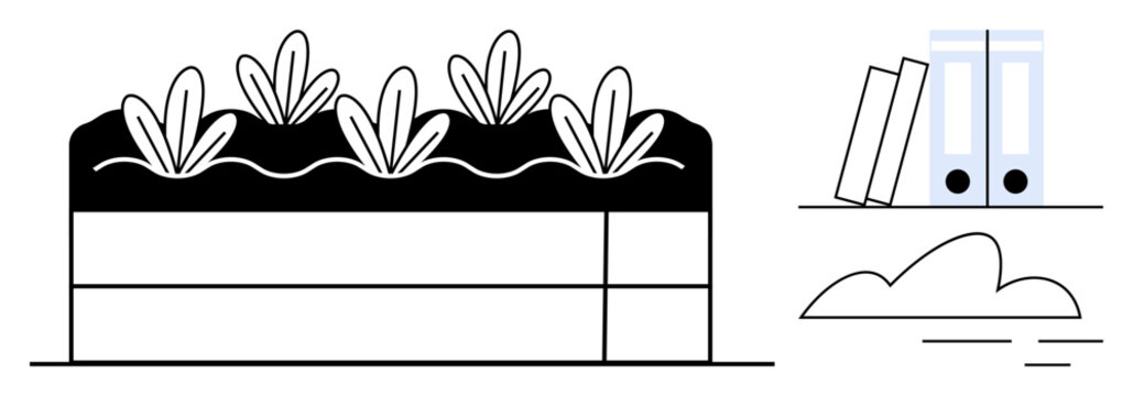 Raised garden bed with sprouting plants alongside a shelf holding two books and files, conveying balance of nature and organization. Ideal for gardening, sustainability, productivity, work-life