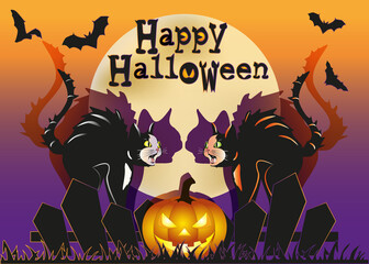 Two scared black cats looking at each other under the full moon with Happy Halloween text,  illustration