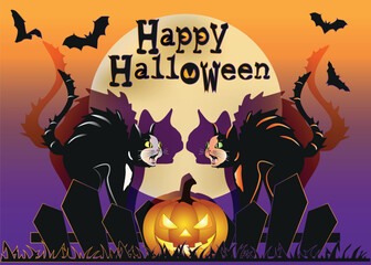 Two scared black cats looking at each other under the full moon with Happy Halloween text, vector illustration