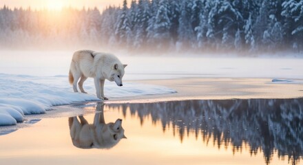 White Arctic Wolf Reflected in Icy Lake at Sunrise or Sunset in Snowy Wilderness