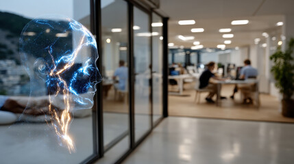 A surreal head silhouette filled with electric patterns symbolizes human creativity and thought while emphasizing the intersection of technology and professional environments.