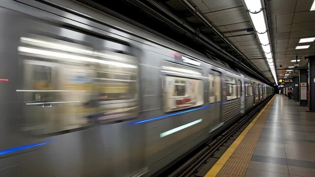 Rapidly moving subway train passing station platform with motion blur