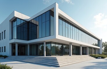 Modern school building exterior features glass facade and contemporary design. Wide concrete steps lead to entrance. Sunlit day shows new construction. Urban landscape with green trees.