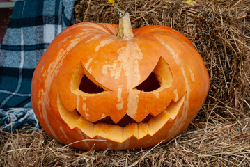 orange Halloween pumpkin on a haystack