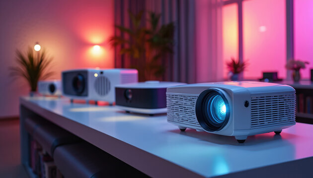 Collection of multimedia projectors on display in modern interior. Colorful lighting effects create immersive atmosphere. High-tech equipment for home cinema, presentations, business meetings.