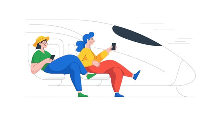 Two friends enjoying a scenic train journey looking out the window and using their phones while traveling together