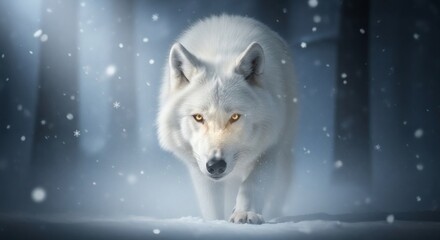 Imposing White Wolf with Glowing Eyes Stalking Through Snowstorm in Dark Forest