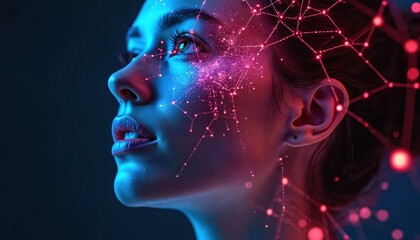 Woman profile with neon neural network overlay. Image represents tech, creativity, innovation. Colorful, futuristic design shows mind connections, self awareness, mental health. Perfect for tech,