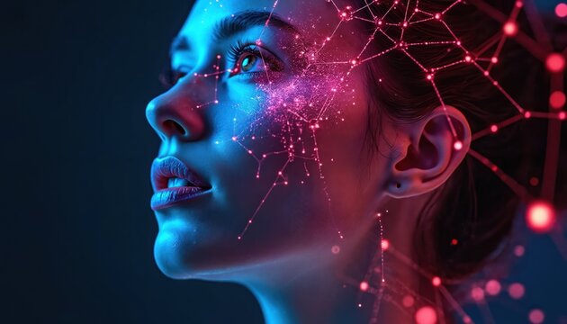 Woman profile with neon neural network overlay. Image represents tech, creativity, innovation. Colorful, futuristic design shows mind connections, self awareness, mental health. Perfect for tech,