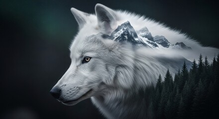 Conceptual Double Exposure of White Wolf with Snowy Mountains and Pine Forest Silhouette