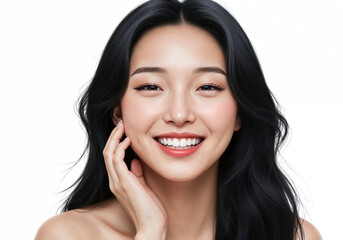 Fototapeta premium Radiant Beauty: A captivating portrait of a woman exudes confidence with a bright smile. The photo captures her delicate features and natural skin tone.