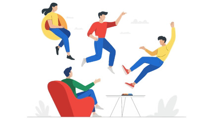 Diverse group of people celebrating and enjoying themselves in a dynamic energetic illustration with a white background