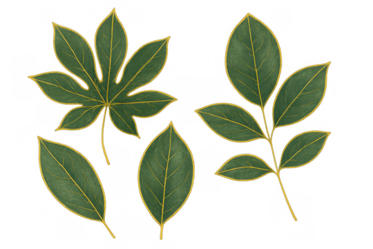 Botanical gold line art leaves set on transparent background, elegant green foliage design - Powered by Adobe