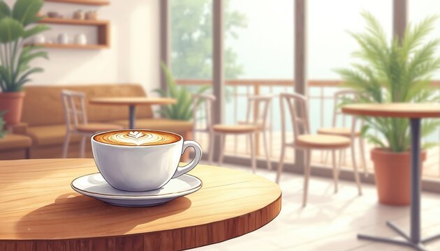 Cozy illustration features coffee cup with latte art on wooden table. Inviting cafe background, bright ambiance with plants, seating. Offers sense of comfort, morning pleasure, handcraft java.