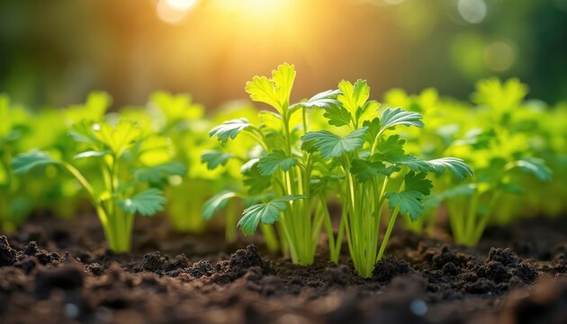 Young cilantro plants grow in garden soil under warm sunlight. Green leaves unfurl from tender stems. Macro shot captures organic cultivation, fresh herb growth, natural farming. - Powered by Adobe