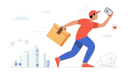 Dynamic illustration of a fast delivery person running with a package and holding a digital device for efficient logistics