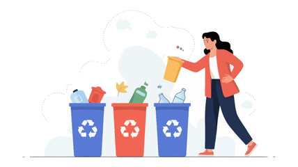 Woman diligently sorts waste into color coded recycling bins promoting environmental responsibility and sustainability practices