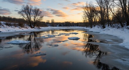 Fototapeta premium Winter river landscape with ice, snow, and sunset reflections 