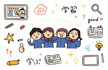 学生と勉強のイラストセット