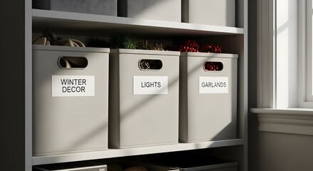 Storage boxes labeled for winter decor, lights, and garlands indoors. After Holiday Season