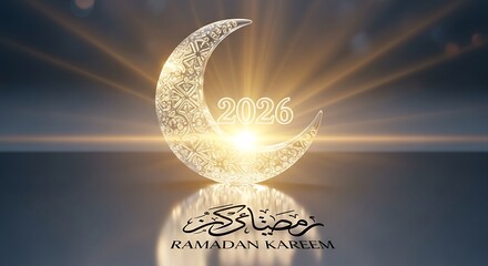Ramadan 2026 crescent moon with glowing light beams on a reflective surface