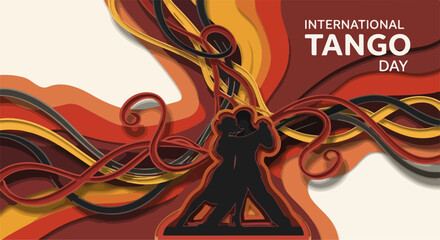 Tango Dancers in Paper Art Style Celebrating International Tango Day for Dance School Posters, Advertisements, and Event Announcements