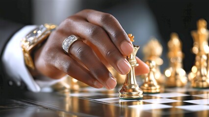 Black businessman's hand moving a golden king chess piece on a chessboard, strategizing and planning for success in a competitive business environment, symbolizing leadership and power