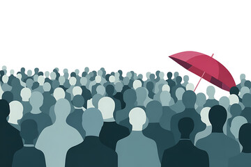 A single red umbrella shields a crowd of indistinct figures, representing protection and safety among many.