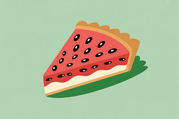 A slice of watermelon pie with seeds, crust, and creamy filling, vibrant and refreshing.