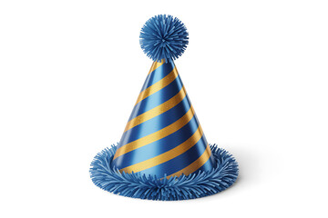 Festive party hat with blue and gold stripes, celebrating a joyful occasion.
