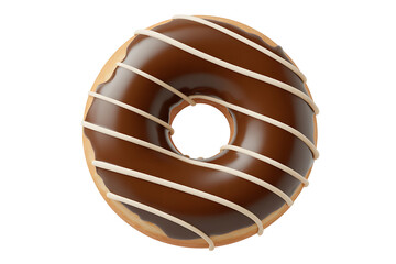 A glazed donut with chocolate frosting and white drizzle, a sweet treat.